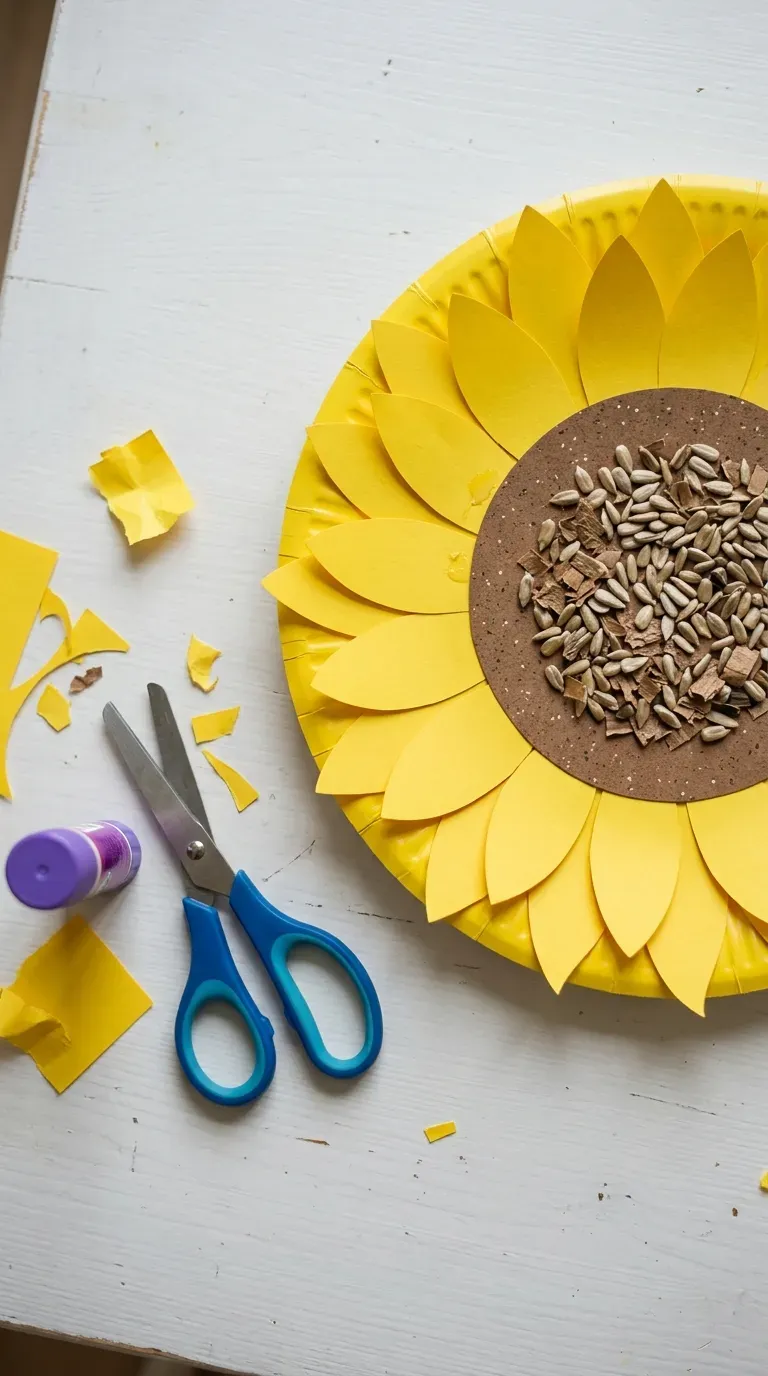 cheerful yellow paper plate sunflower wreath with seed center on a white table
