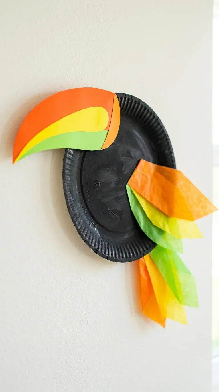 12 Cute Paper Plate Crafts That Are Super Fun and Easy 7 bold black paper plate toucan craft with a vibrant tissue paper mosaic beak