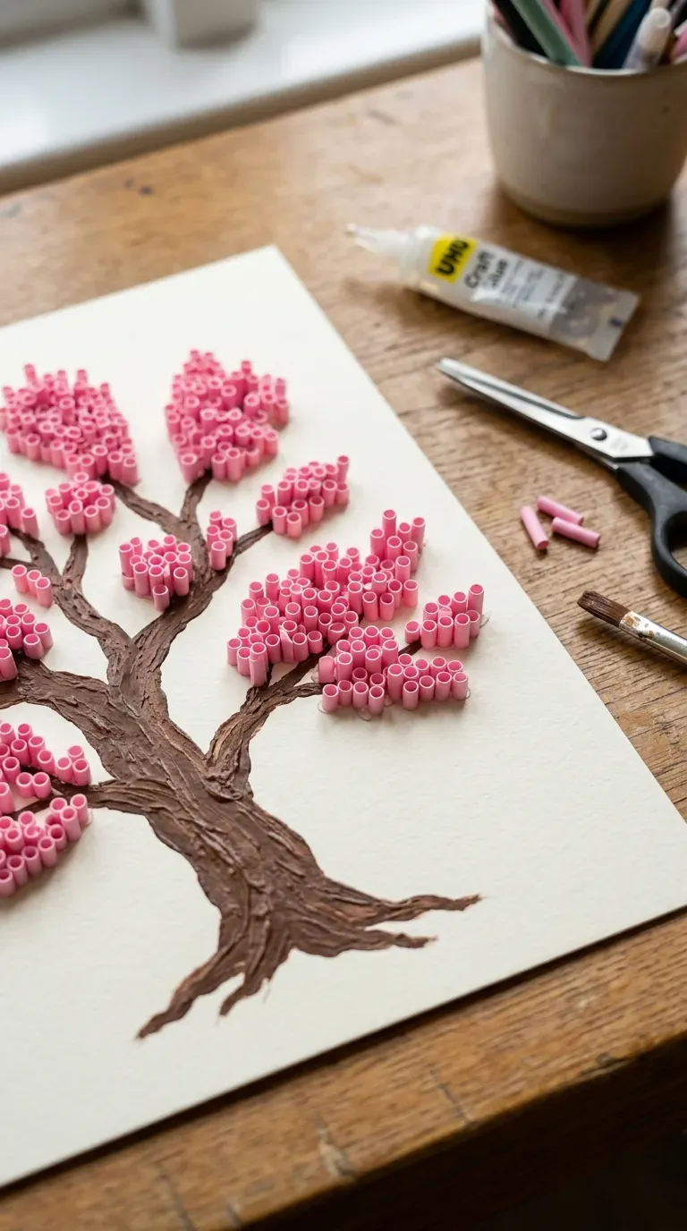 3D cherry blossom tree painting with pink paper straw petals on white cardstock