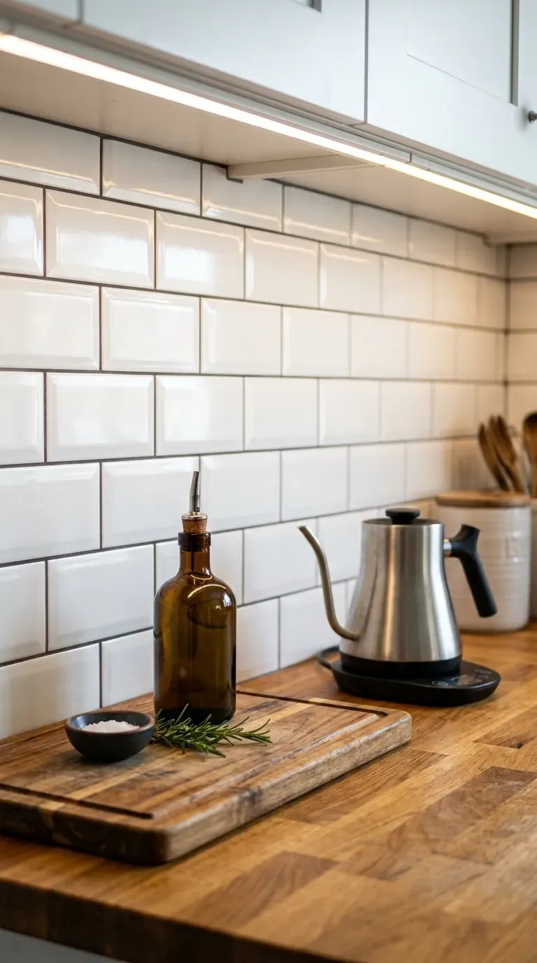 glossy white subway tile backsplash with dark grout behind a kitchen countertop