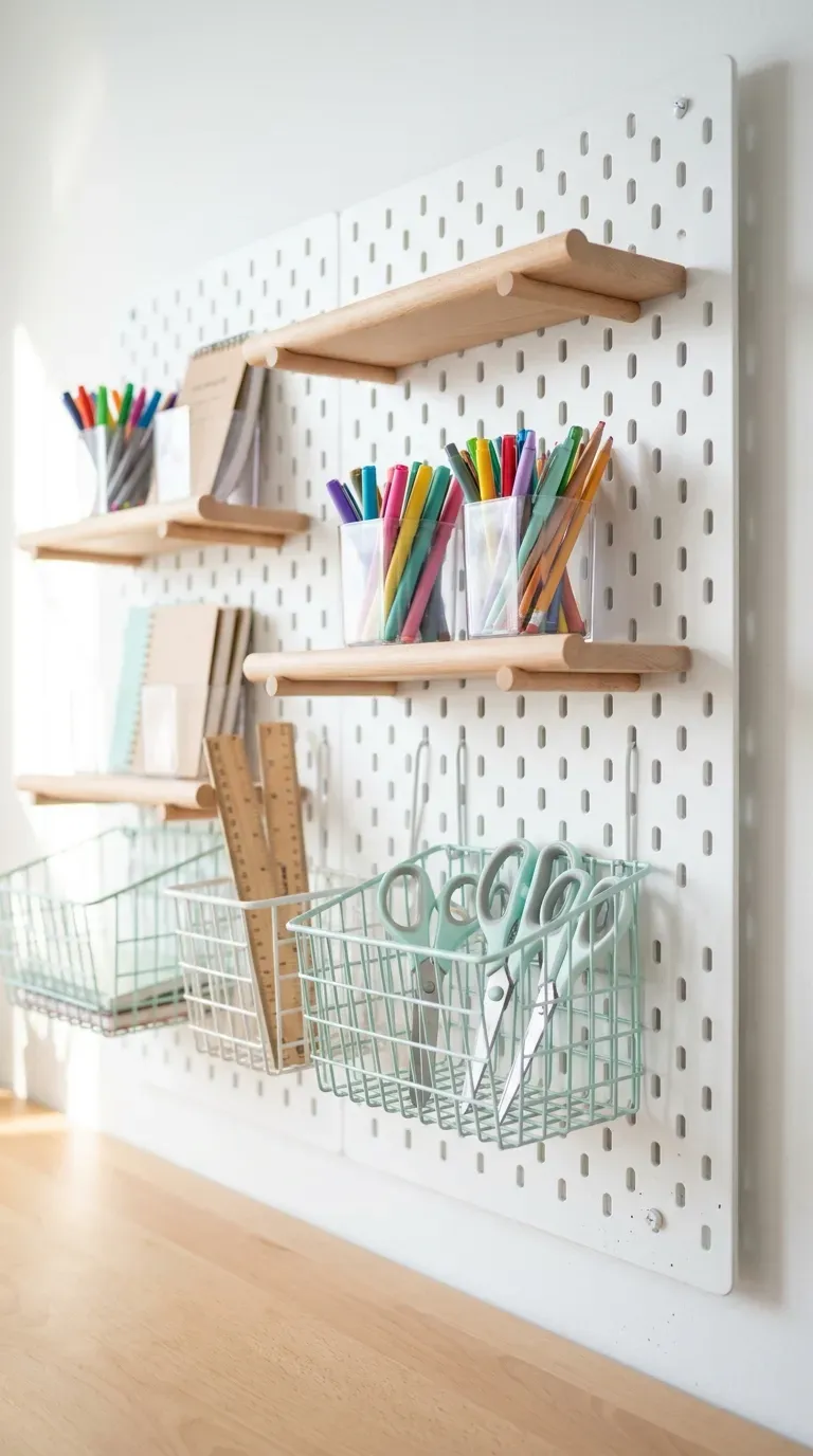 13 Genius Homeschool Room Ideas You Will Want to Copy ASAP 3 white modular pegboard mounted above a desk holding colorful craft bins and supplies