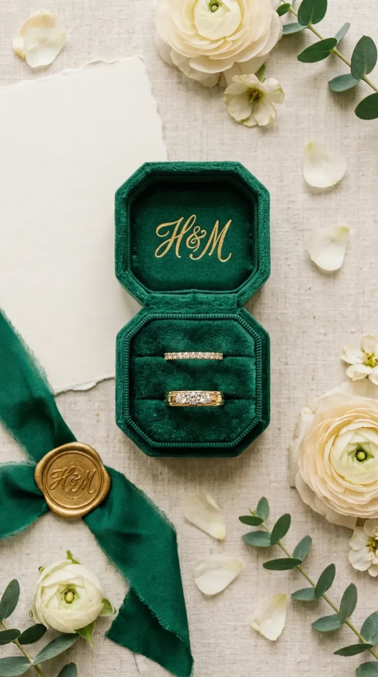 11 Gorgeous Wedding Cricut Projects You'll Want to Copy 7 octagonal emerald green velvet ring box with gold foil monogram holding wedding rings