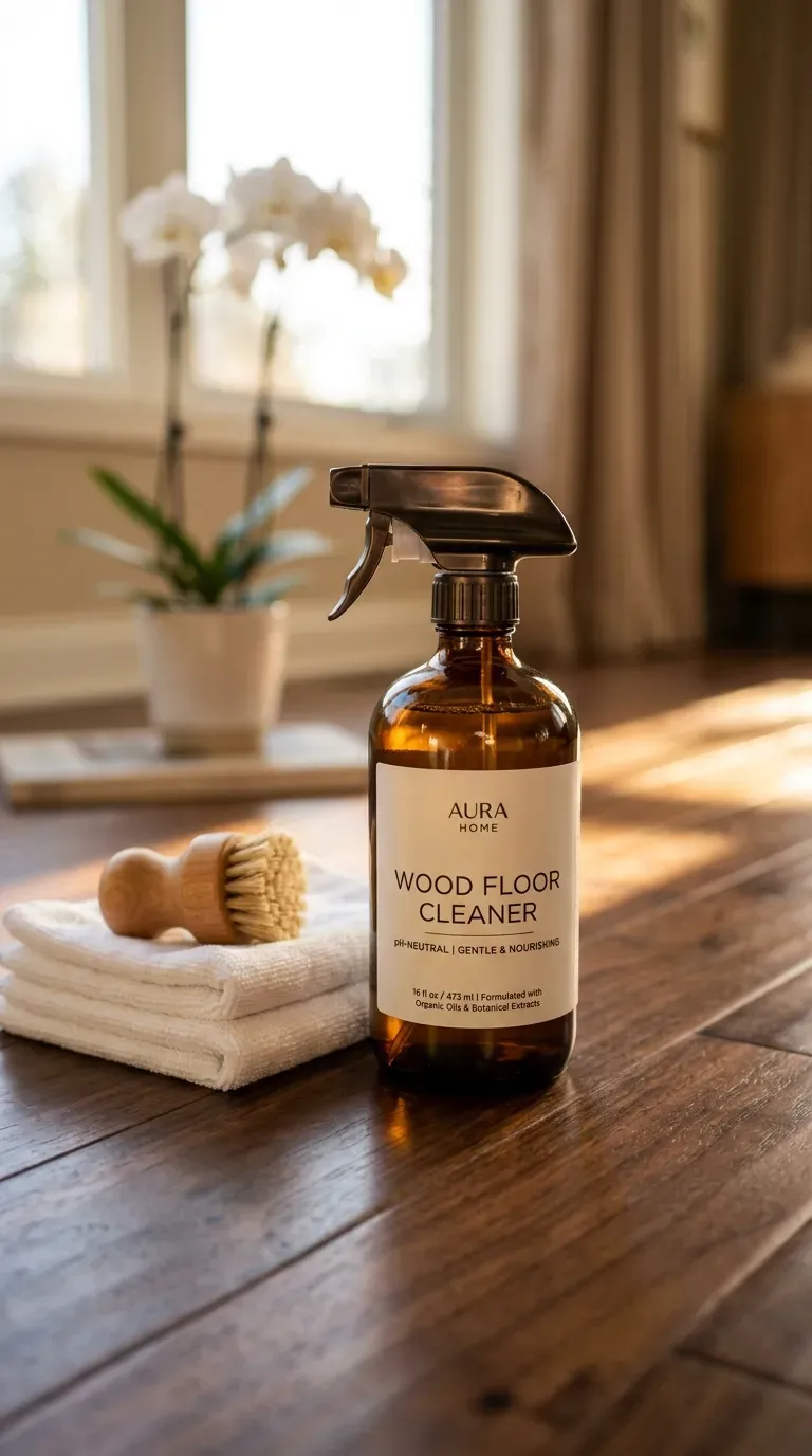 Amber glass bottle of premium wood floor cleaner