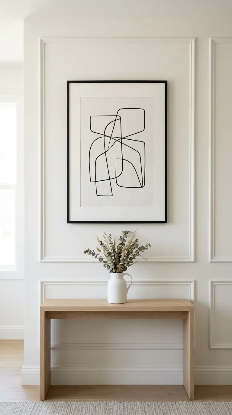 white picture frame wall moulding featuring modern black and white framed artwork