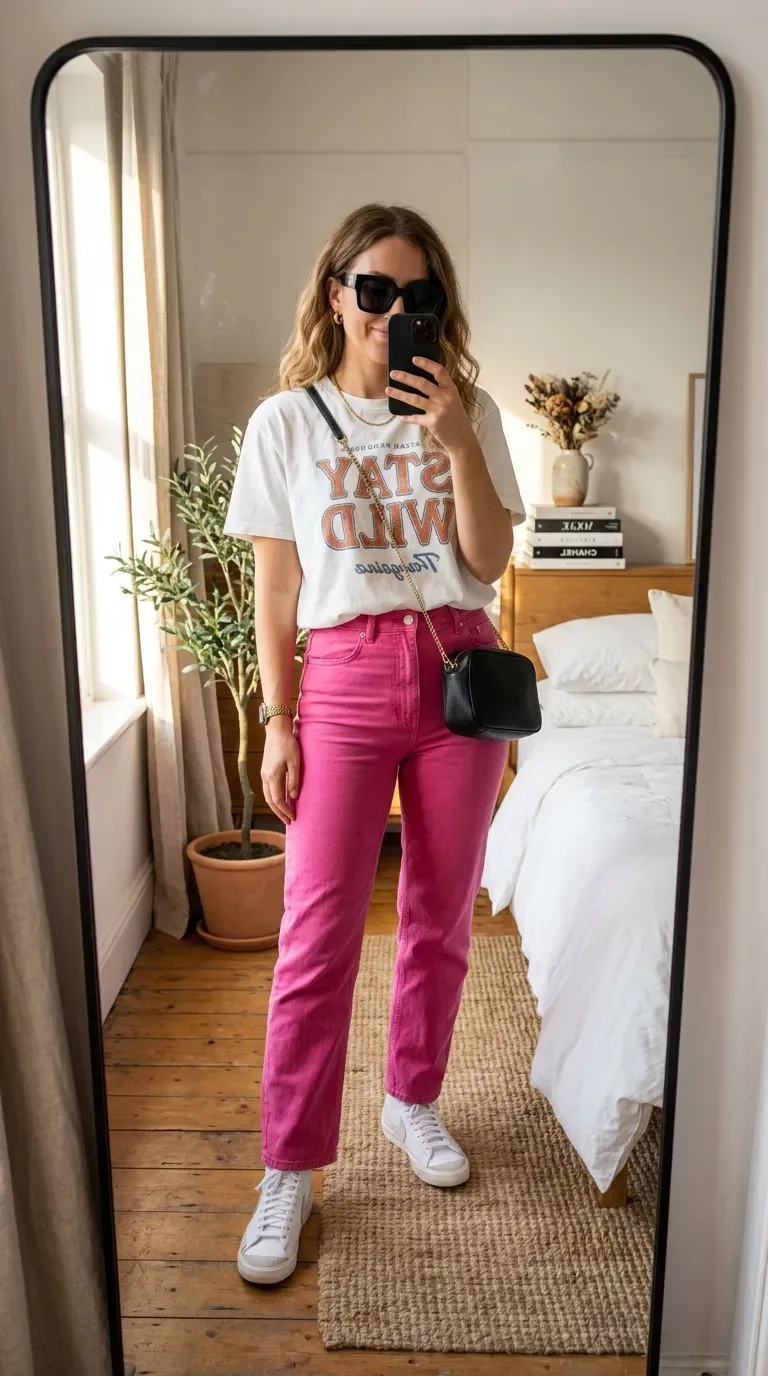 Woman wearing pink jeans with graphic tee for a casual youthful everyday outfit.
