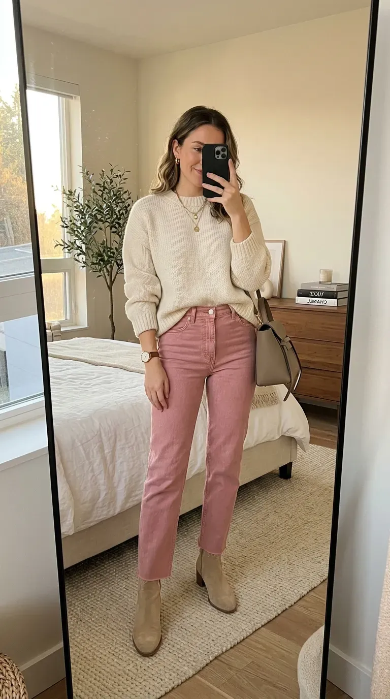 Woman wearing pink jeans with neutral knit sweater for a cozy stylish outfit.