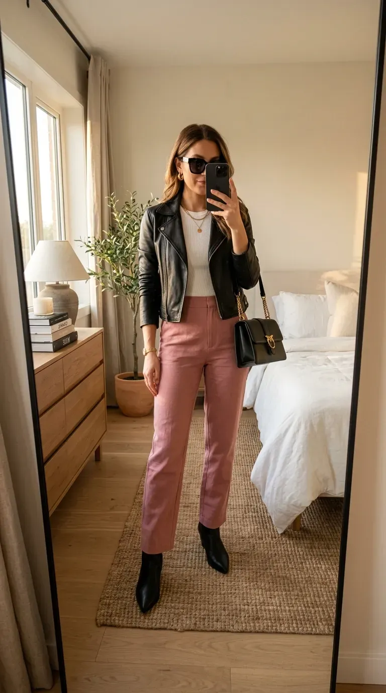 Woman wearing pink pants with black leather jacket for an edgy chic outfit.