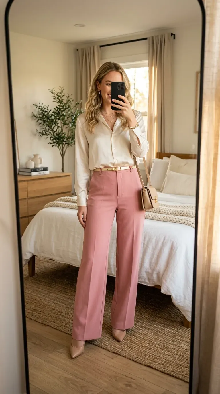 Woman wearing pink pants with cream blouse for an elegant feminine outfit.