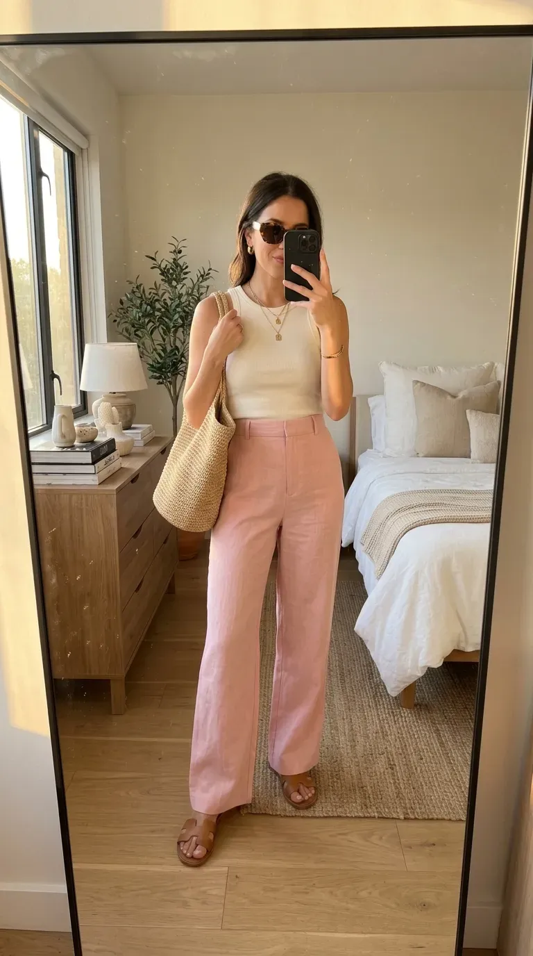 Woman wearing pink pants with denim jacket for a casual chic everyday outfit.