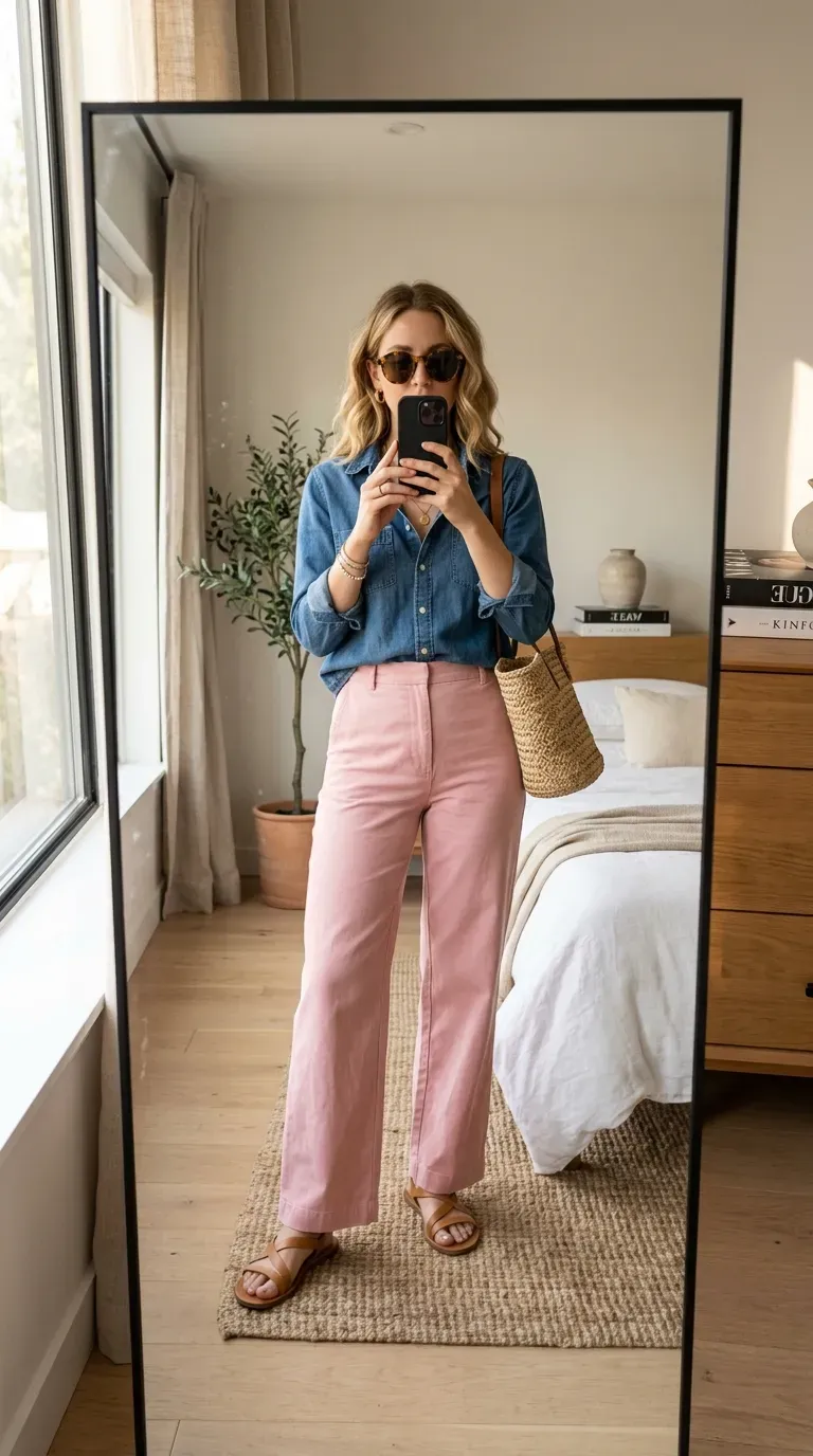 Woman wearing pink pants with denim shirt for a relaxed chic casual outfit.