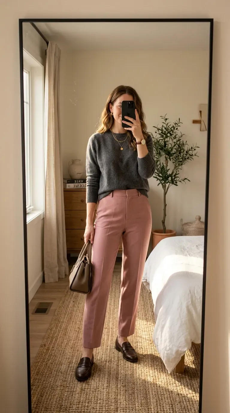 Woman wearing pink pants with gray sweater for a cozy sophisticated fall outfit.