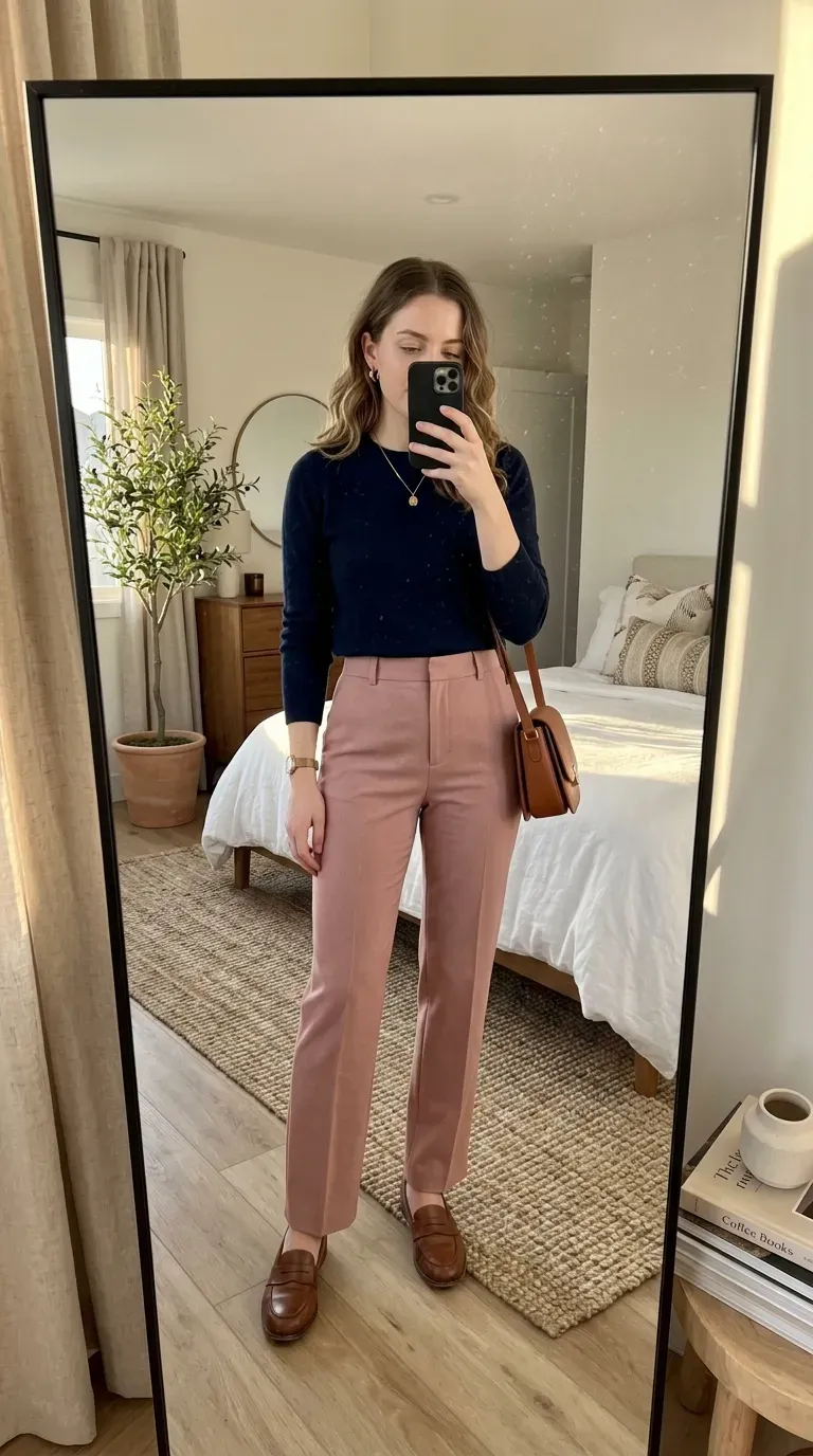 Woman wearing pink pants with navy sweater for a classic polished everyday outfit.