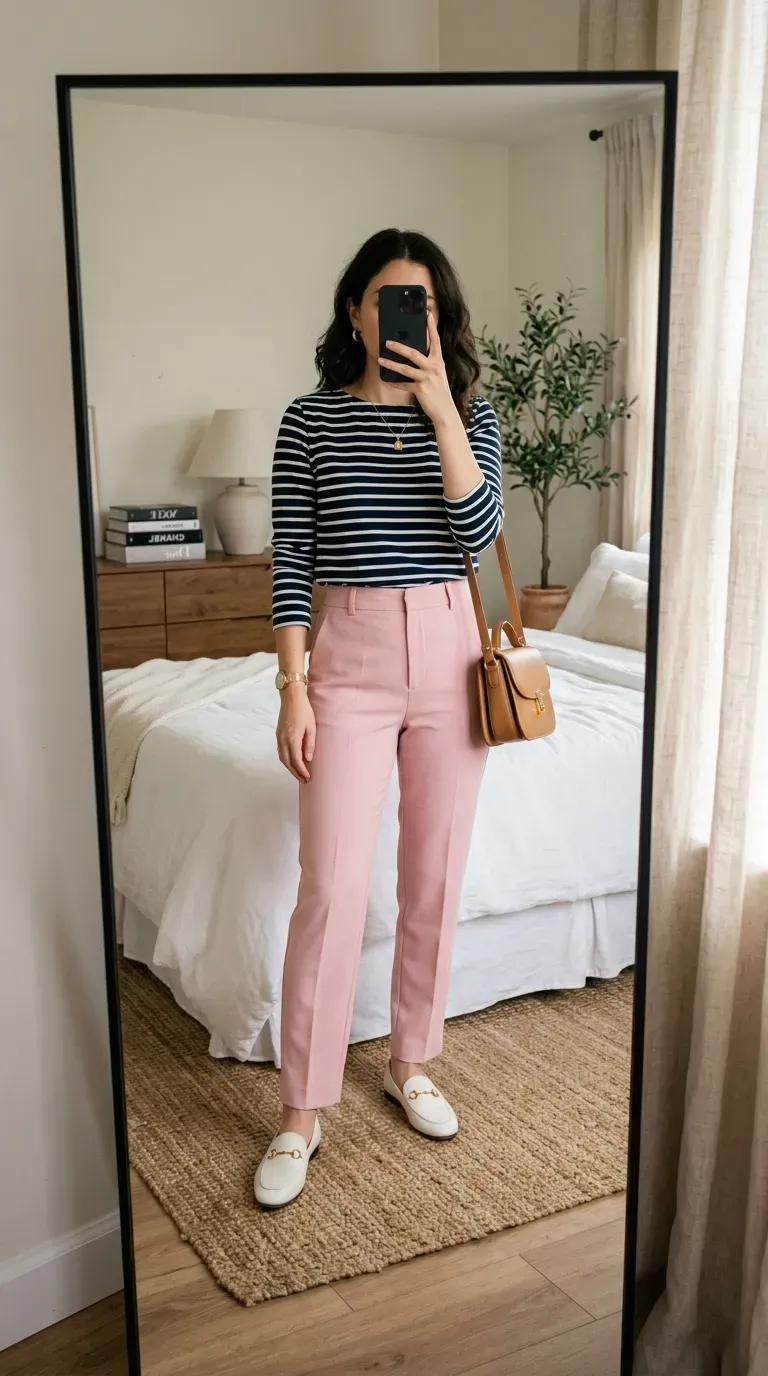 Woman wearing pink pants with striped shirt for a fresh classic casual outfit.