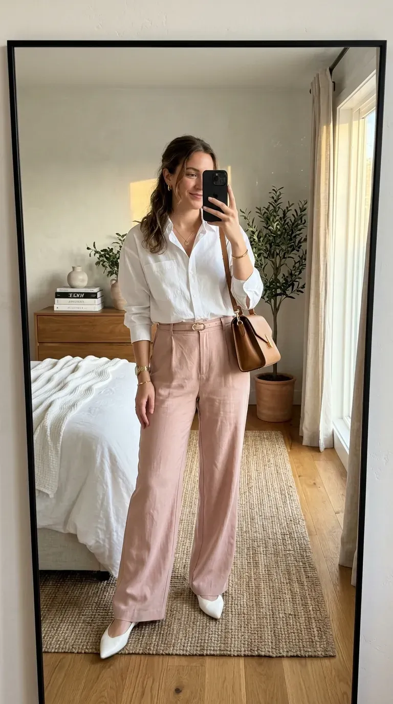 Woman wearing pink pants with white button-down shirt for polished everyday style.