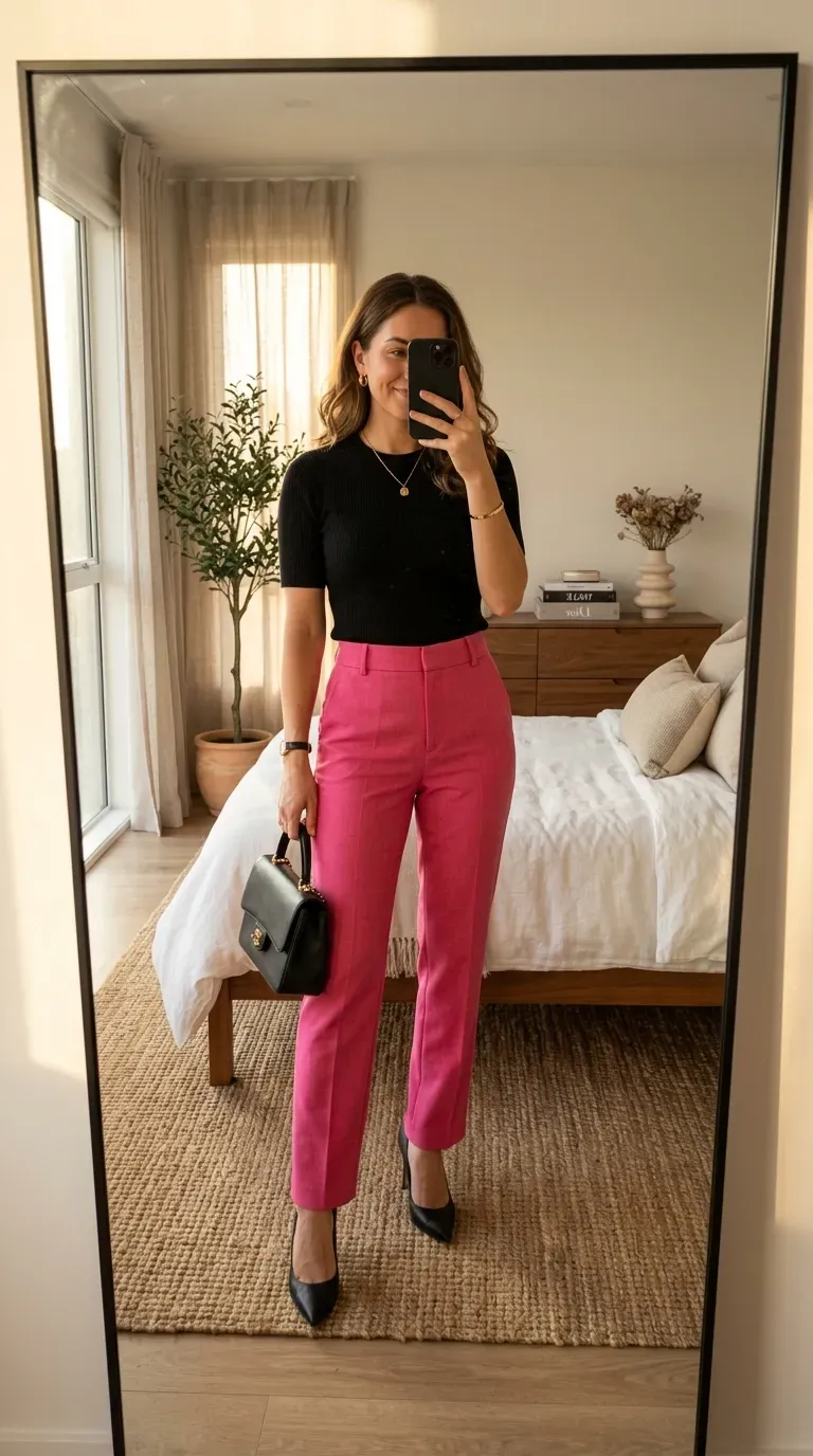 Woman wearing pink trousers with black top for a chic sophisticated outfit.