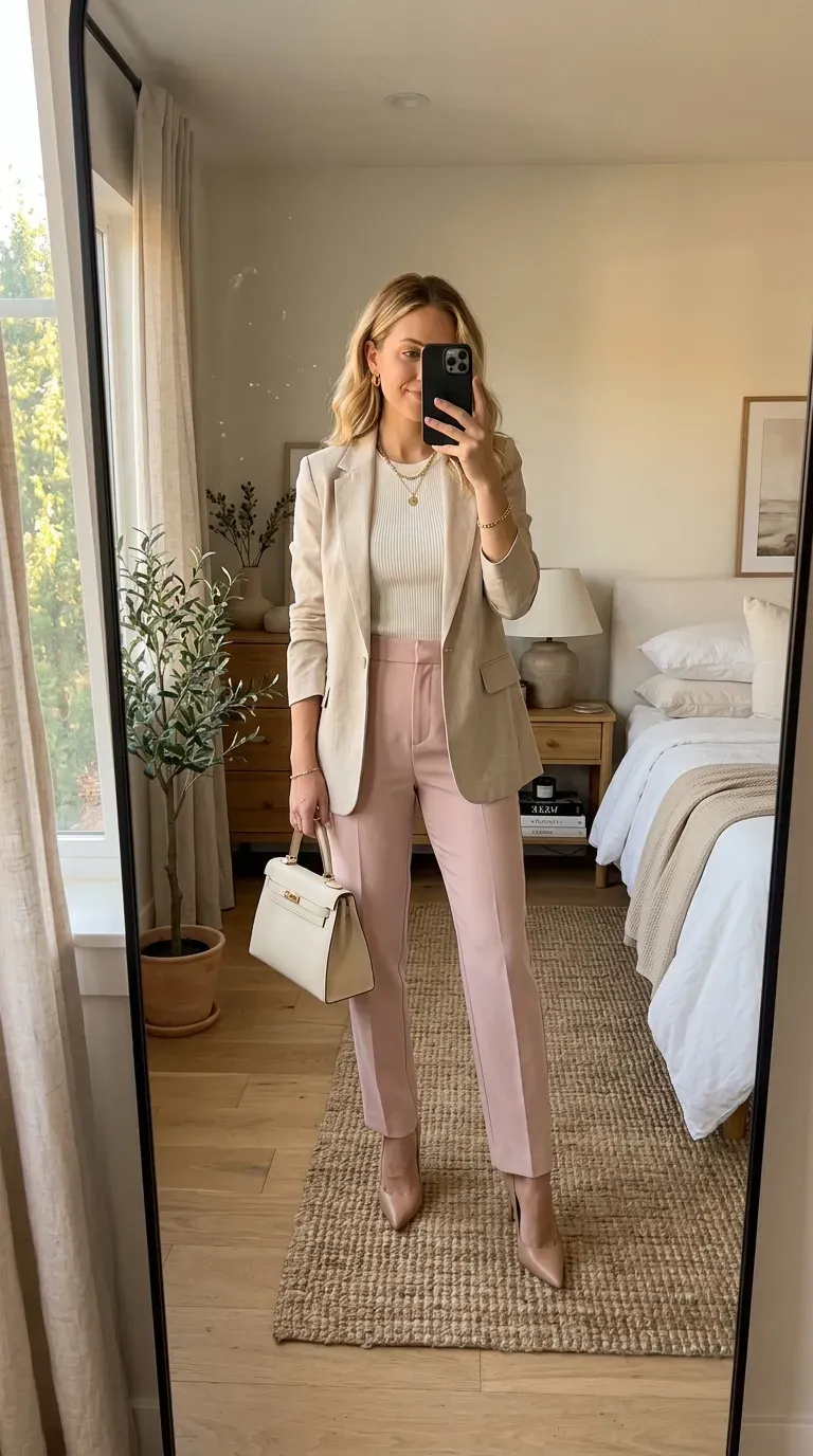 Woman wearing pink trousers with tailored blazer for a polished modern outfit.