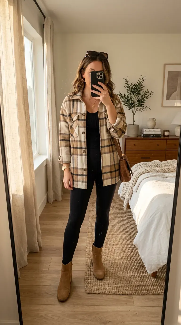 Woman wearing a plaid shacket with black leggings for a cozy fall casual outfit.
