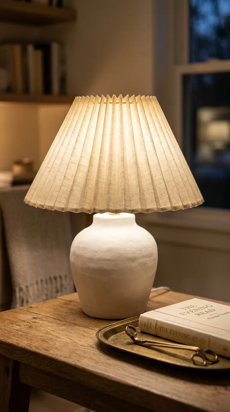 knife pleated linen lampshade mounted on a modern sculpted white ceramic lamp base