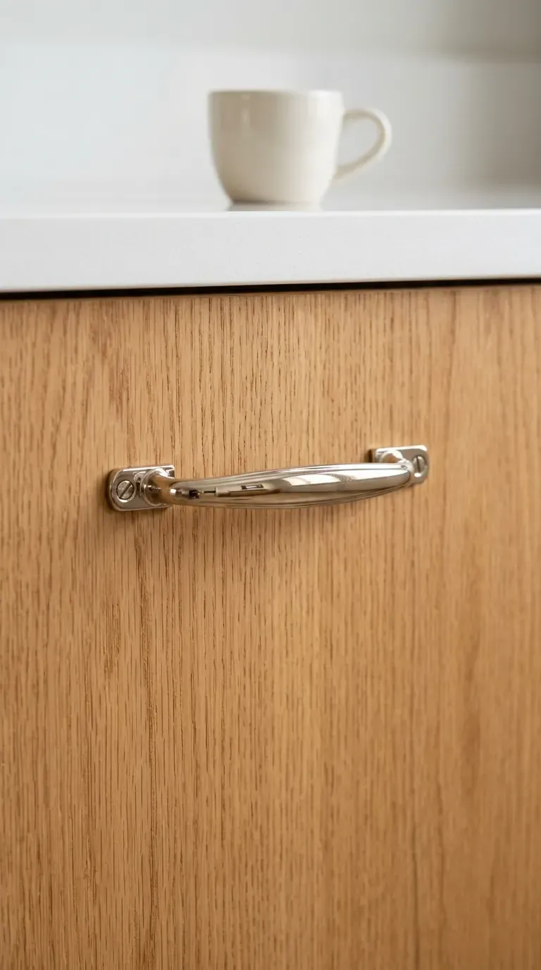polished nickel cabinet drawer pull mounted on warm natural oak kitchen cabinets
