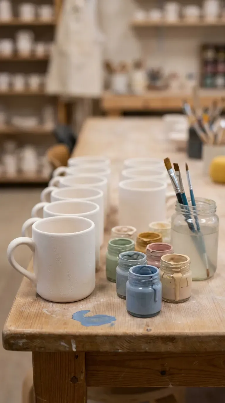 13 Craft Outing Ideas Every Maker Will Love 4 unfinished ceramic mugs and paint pots arranged on a studio table