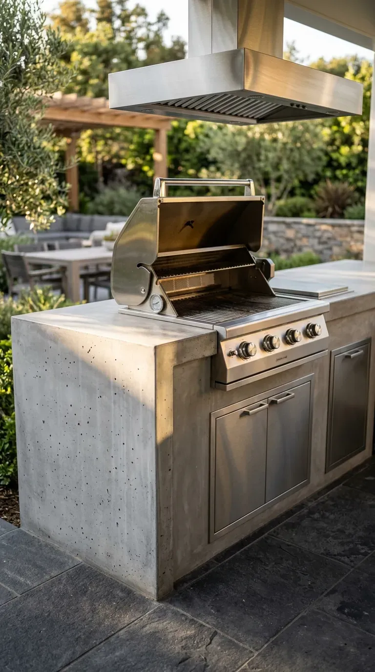 modern poured concrete waterfall countertop with built-in stainless steel gas grill on patio