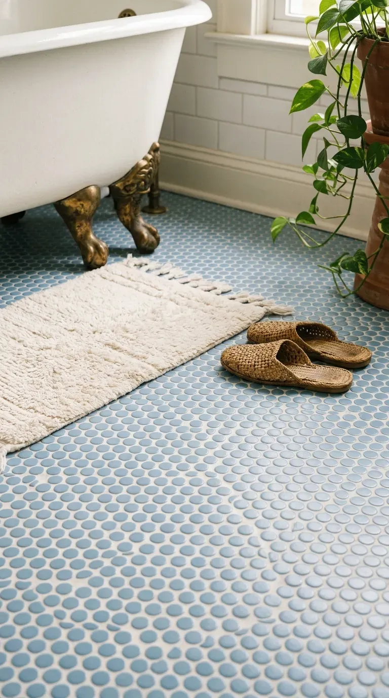 15 Genius Blue Tile Bathrooms You Need to Try 4 Soft powder blue penny tile flooring with a freestanding white tub