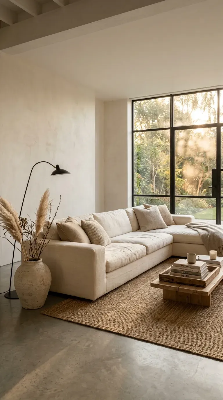 16 Genius Minimalist Living Room Ideas You Need to Try 2 Large neutral minimalist sofa in a bright and airy living room