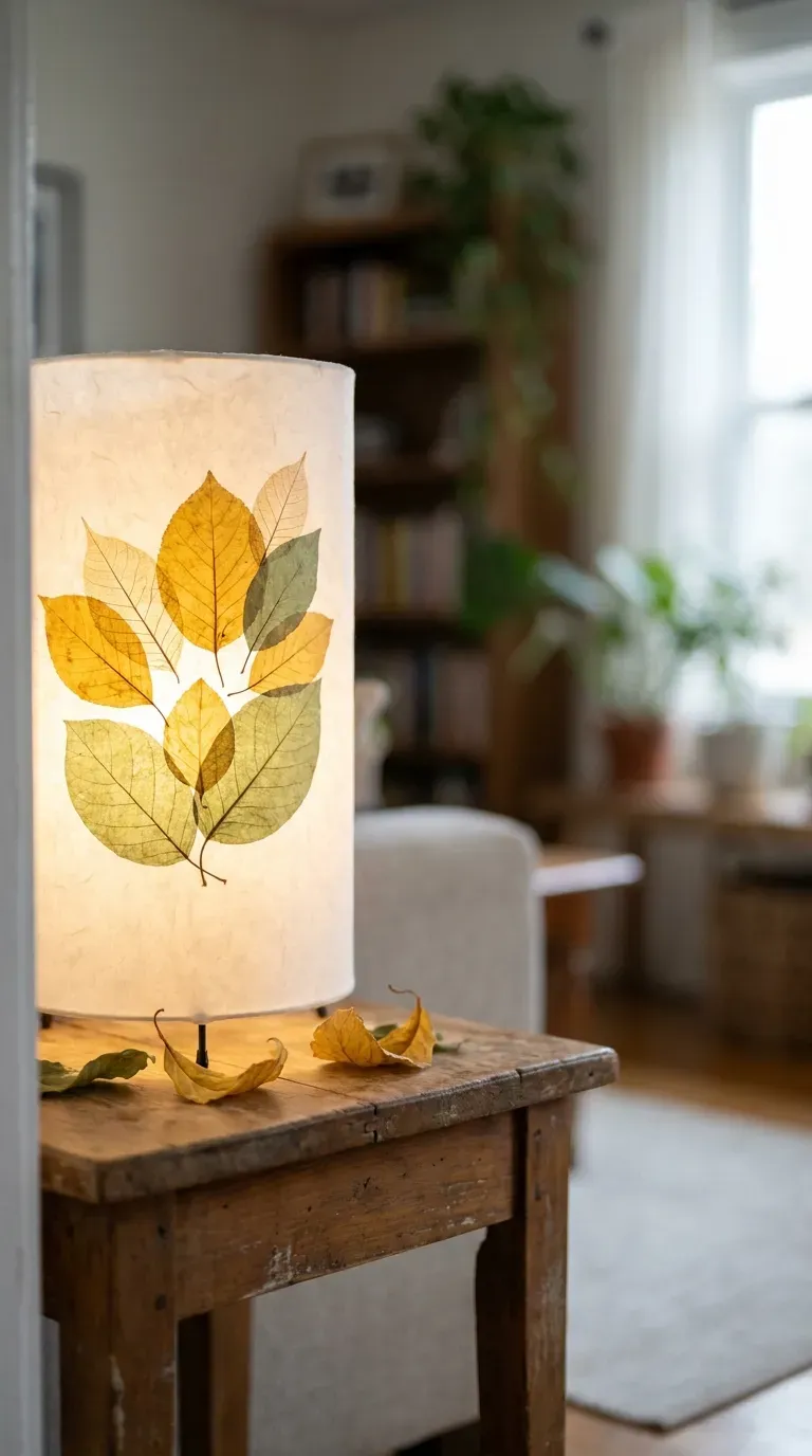 11 Creative DIY Lampshades That Look Store-Bought 5 lampshade decorated with pressed leaves glowing softly from the light inside