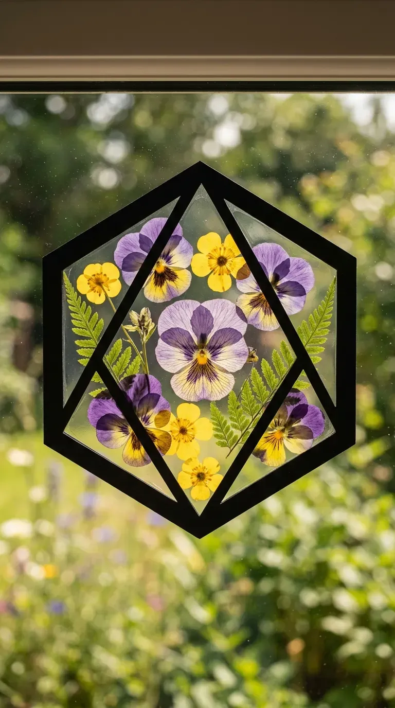 pressed flower and leaf suncatcher framed in black cardstock hanging on a sunny window