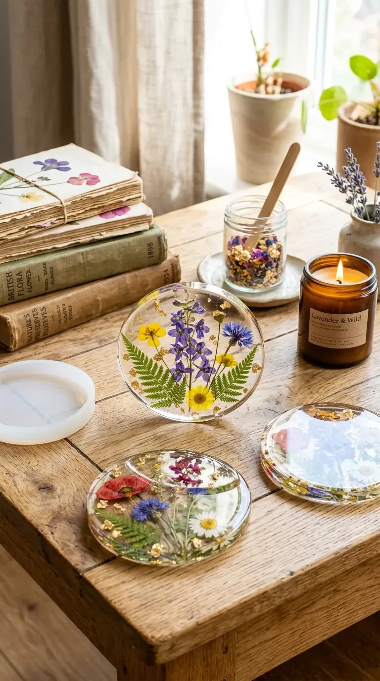12 Aesthetic Craft Night Ideas for a Dreamy Evening 4 Clear resin coasters embedded with vibrant pressed wildflowers