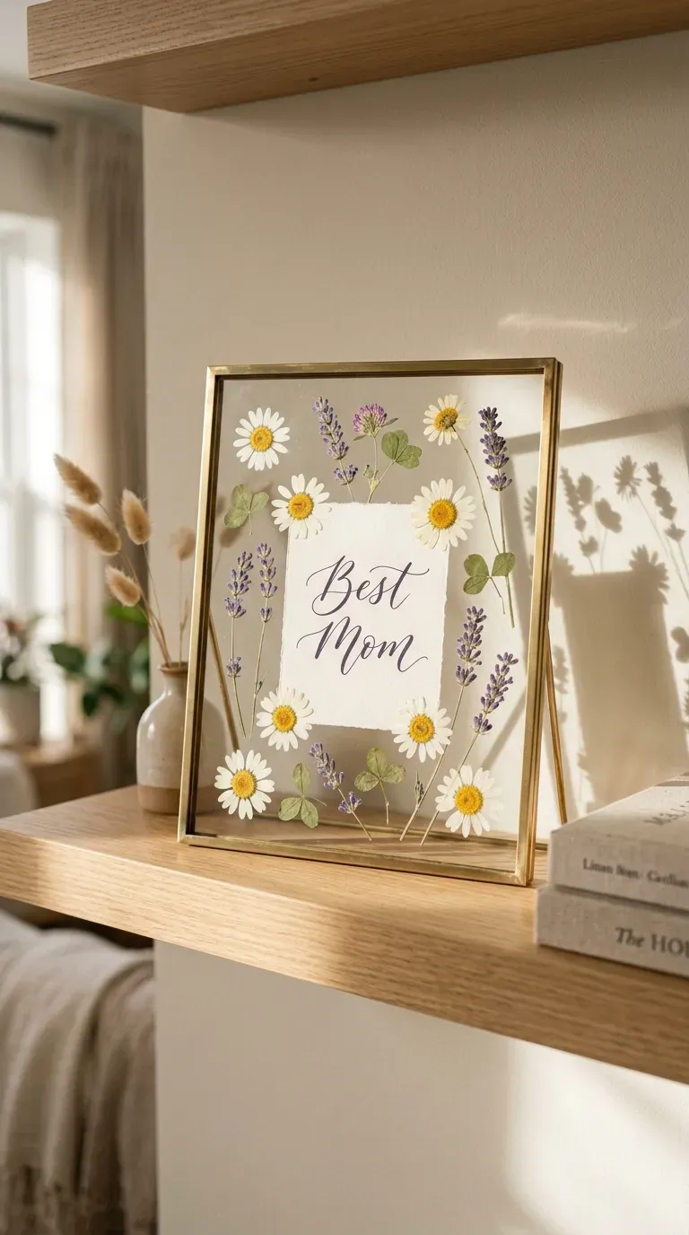 brass floating glass frame with pressed spring wildflowers on a sunlit wooden shelf