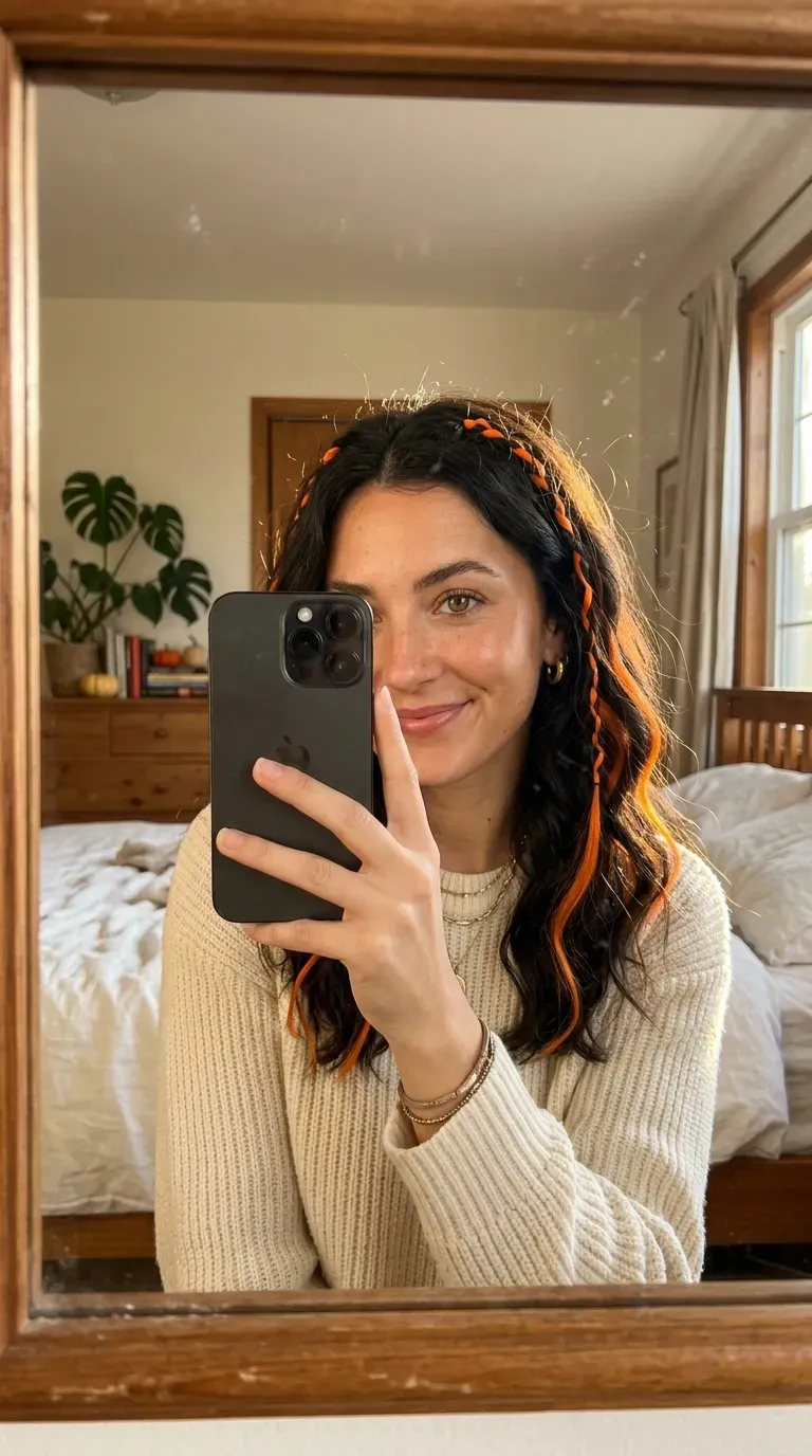 Woman taking an iPhone mirror selfie showing dark hair with playful pumpkin orange Halloween accents.