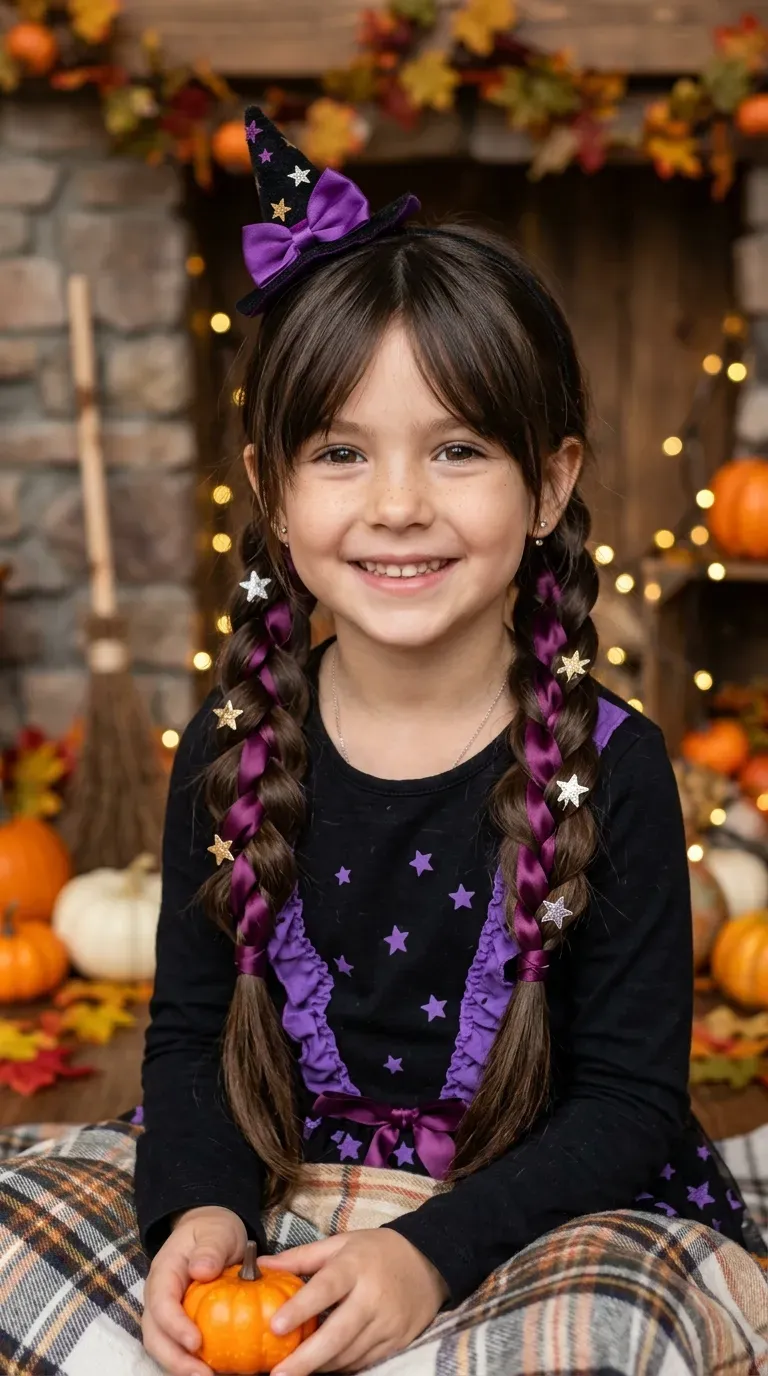 Halloween Hairstyles for Kids: 10 Cute and Spooky Ideas 3 Girl wearing adorable pumpkin-inspired space buns for a playful Halloween hairstyle.