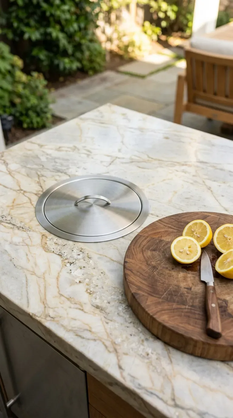 natural quartzite outdoor prep island with flush stainless trash chute and wooden board