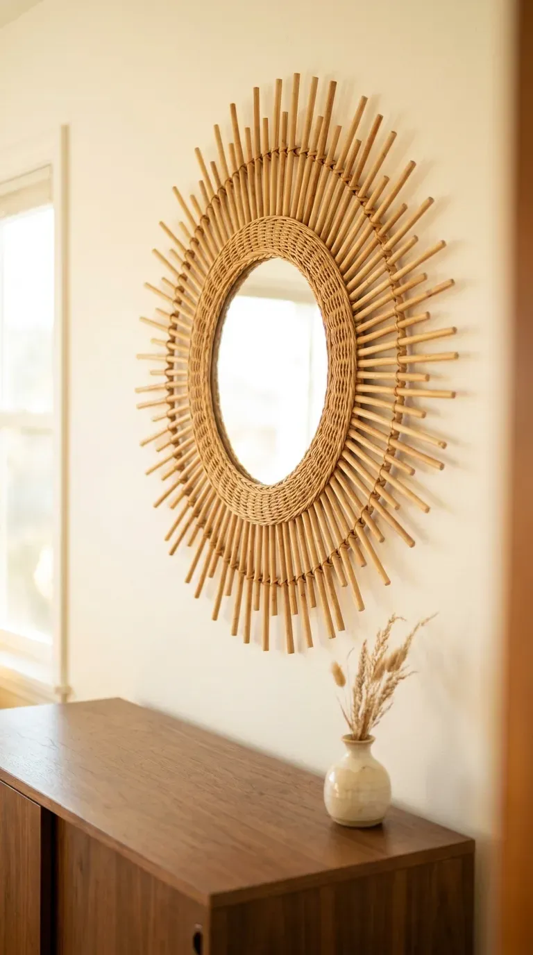 12 Stunning Retro Bedroom Ideas That Look Insanely Chic 9 woven rattan sunburst wall mirror hung above a mid century walnut dresser