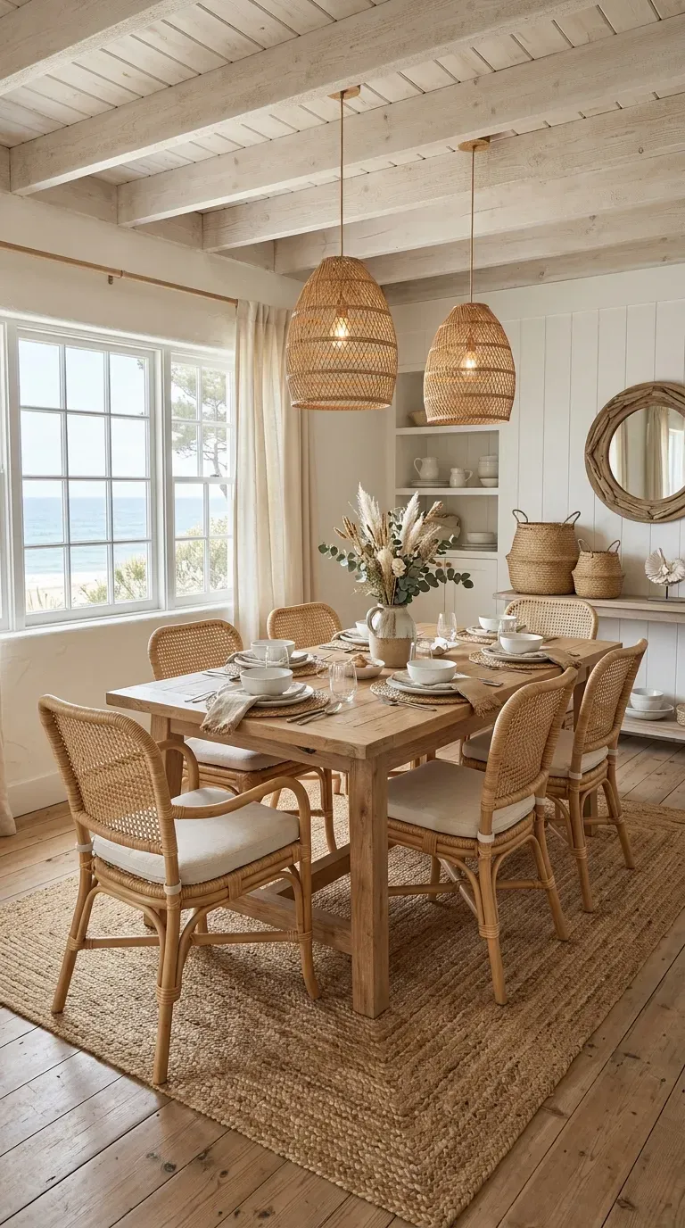 Coastal Cottage Design: 10 Stylish Ideas to Create a Relaxed Seaside Home 6 Coastal cottage dining area with rattan chairs woven pendant lights and natural decor.