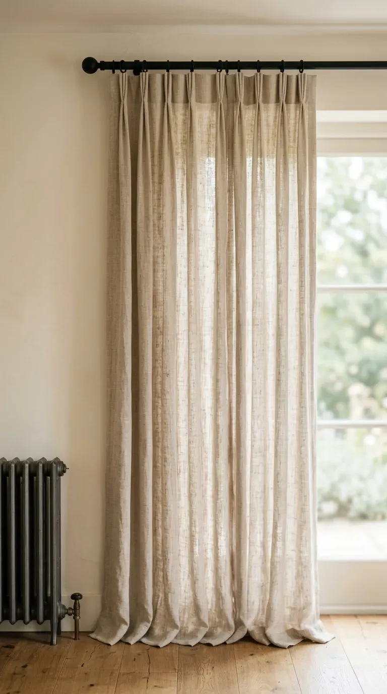 oatmeal raw linen curtain panels hanging from a slim modern matte black rod