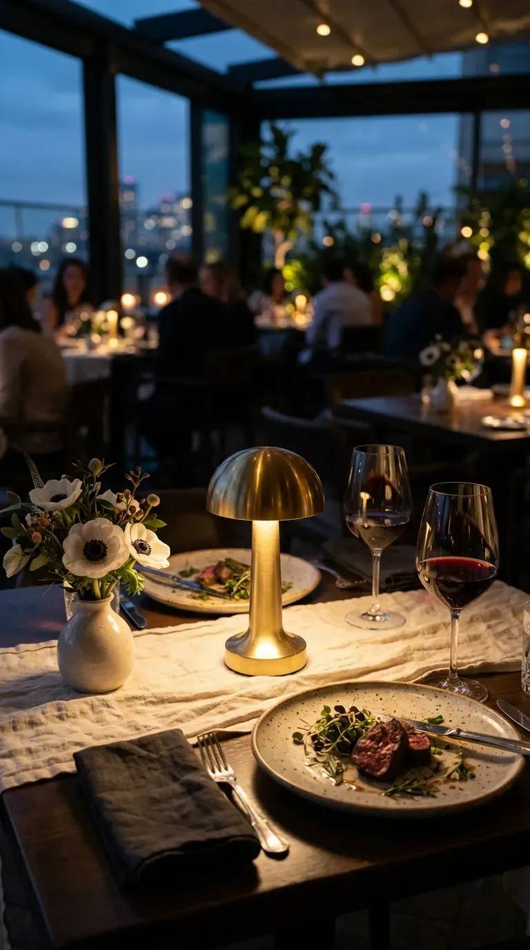 Minimalist brass cordless lamp glowing on a romantic dining table