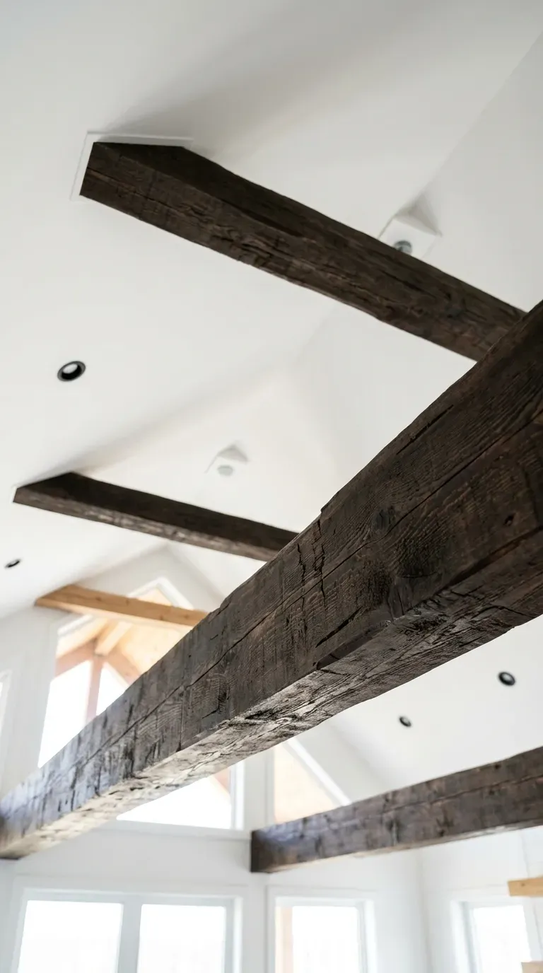 vaulted ceiling with dark reclaimed wood beams contrasting bright white minimalist walls