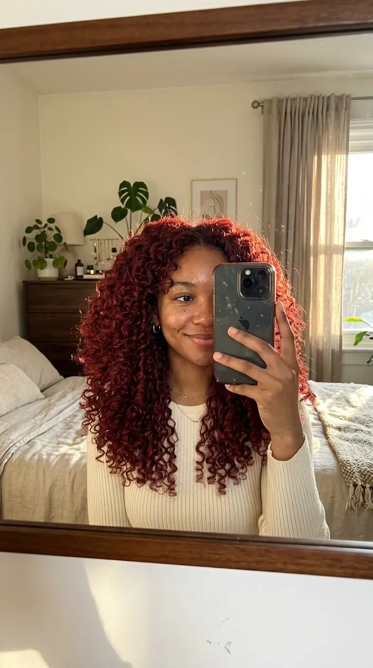 Woman taking an iPhone mirror selfie showing voluminous defined red curly weave with natural-looking curls.