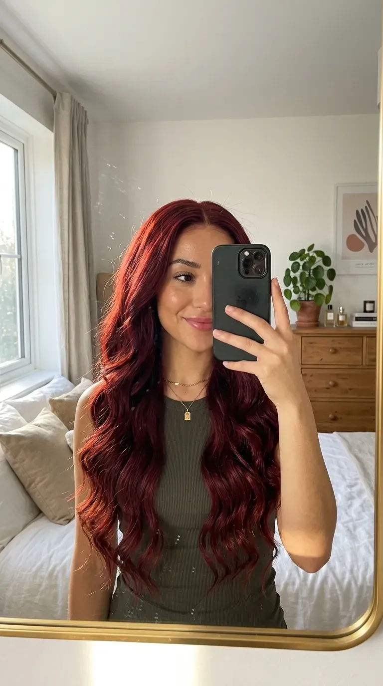 Woman taking an iPhone mirror selfie showing long deep wave red weave with rich dimensional color.