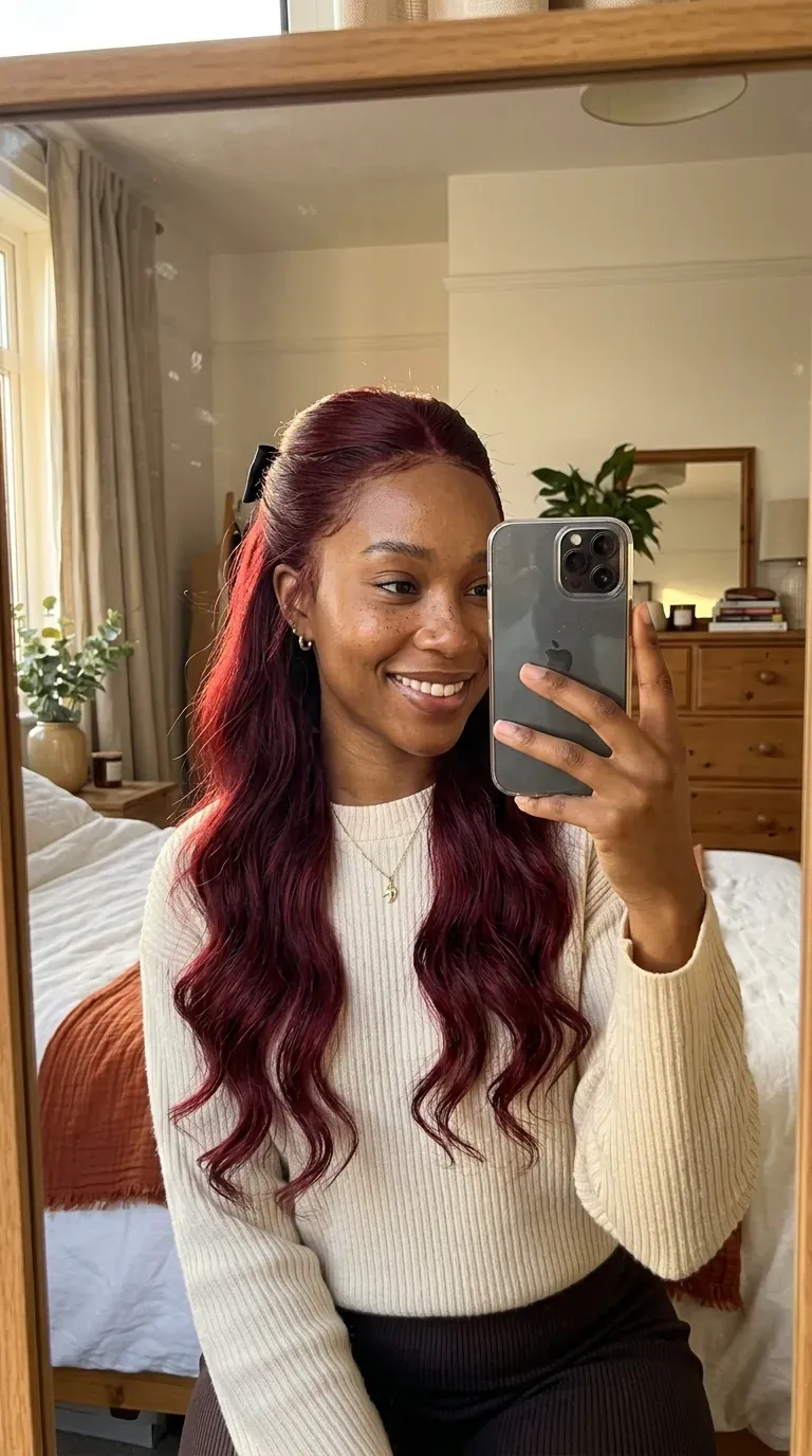 Woman taking an iPhone mirror selfie showing a long red half-up half-down weave with soft waves.