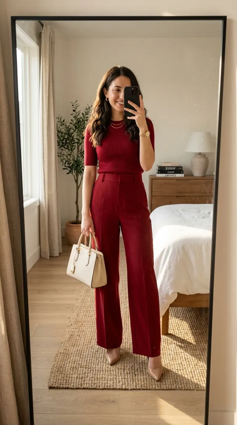 Woman wearing matching red pants and top for elegant monochrome fashion statement.