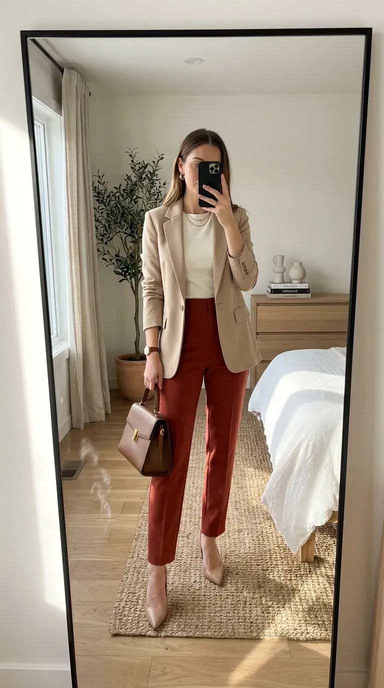 Woman wearing red trousers with beige blazer for chic business casual style.