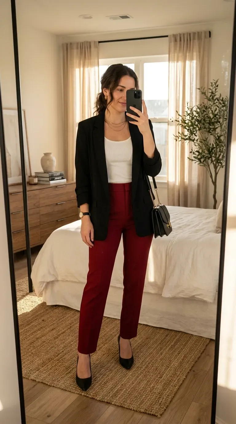 Woman wearing red trousers with black blazer for polished sophisticated office style.