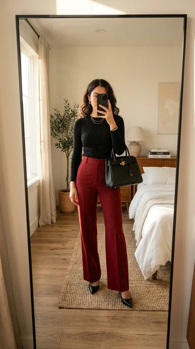 Woman wearing red trousers with fitted black top for sophisticated modern evening style.