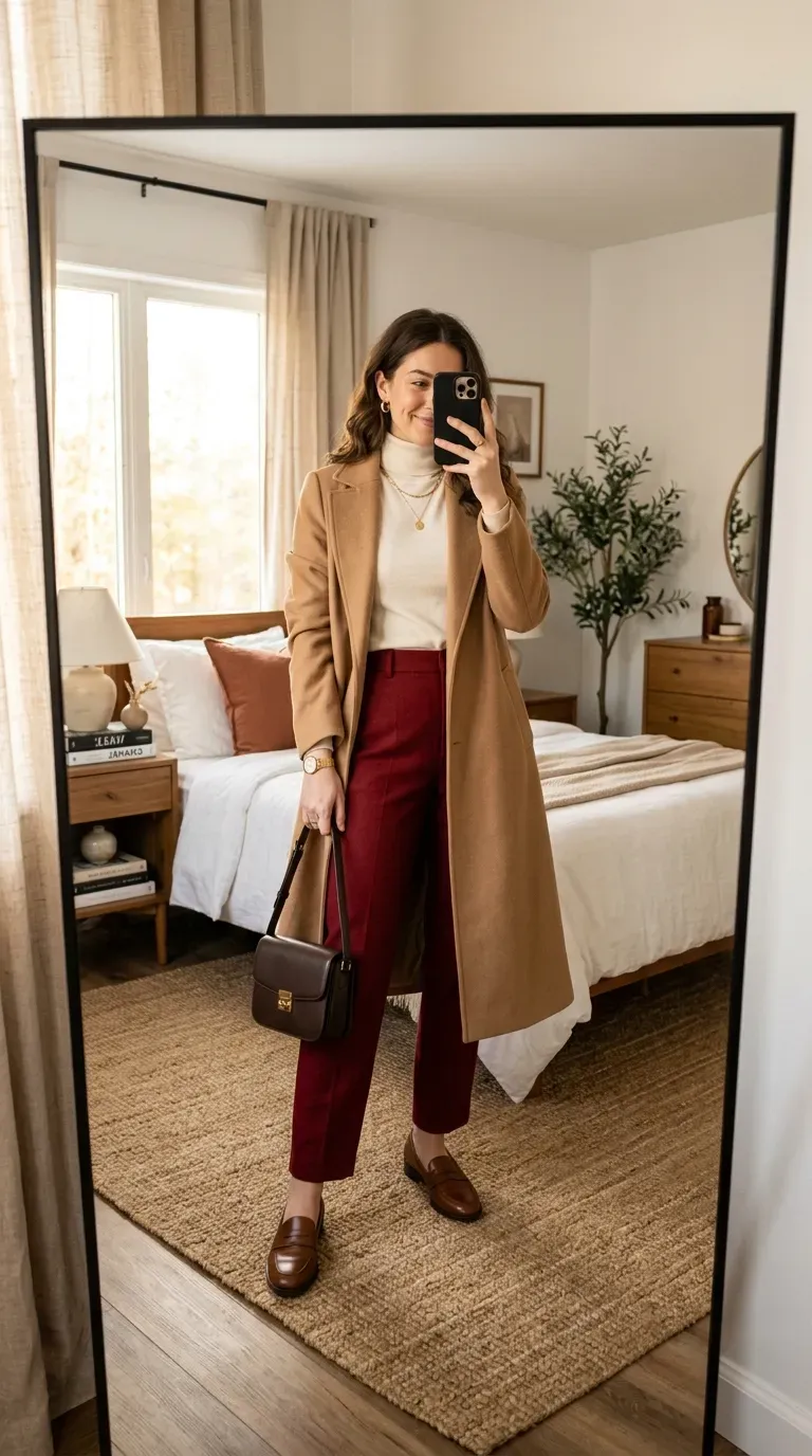 Woman wearing red pants with camel coat for elegant sophisticated cold-weather style.