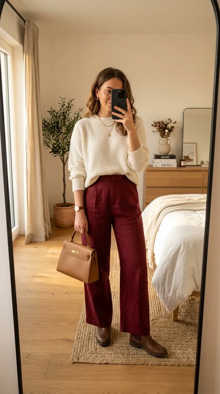 Woman wearing red pants with cream sweater for cozy elegant fall outfit.
