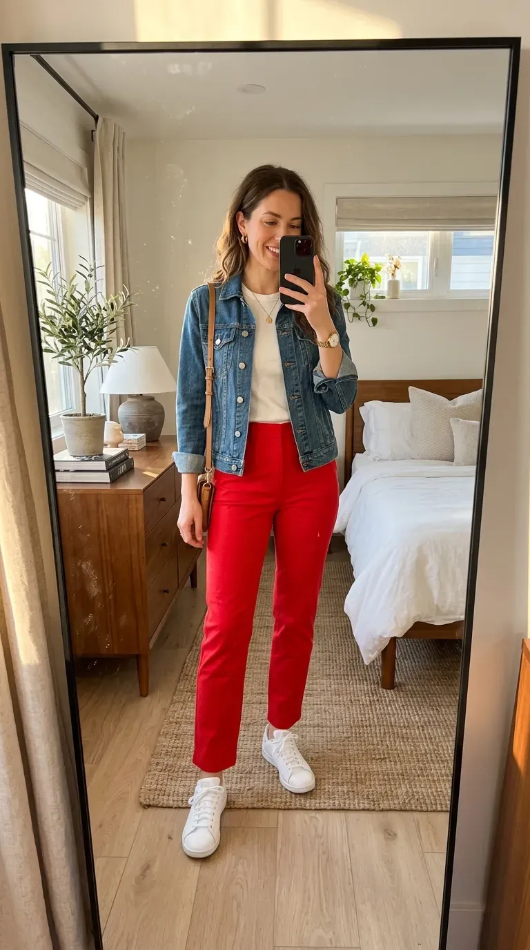 Woman wearing red pants with denim jacket and white tee for casual chic style.