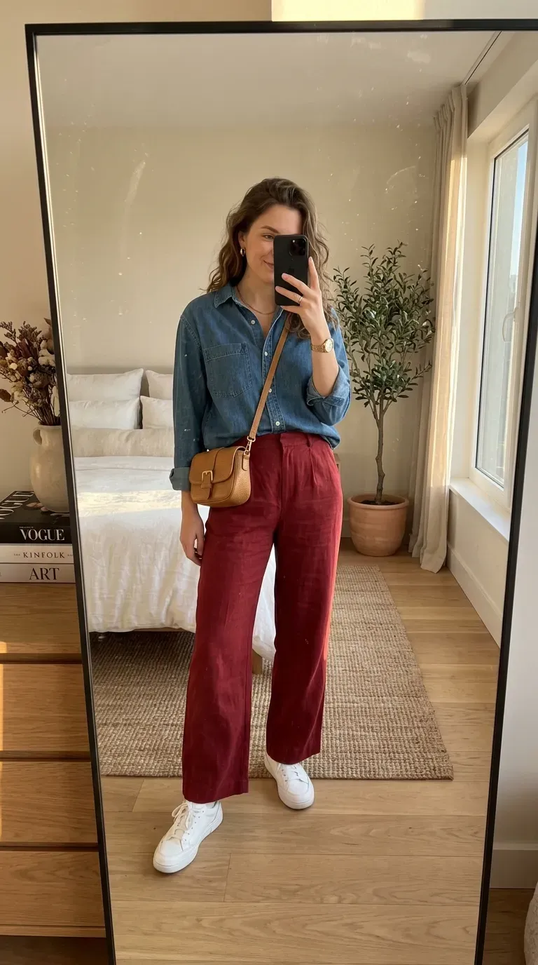Woman wearing red pants with denim shirt for relaxed modern everyday fashion.